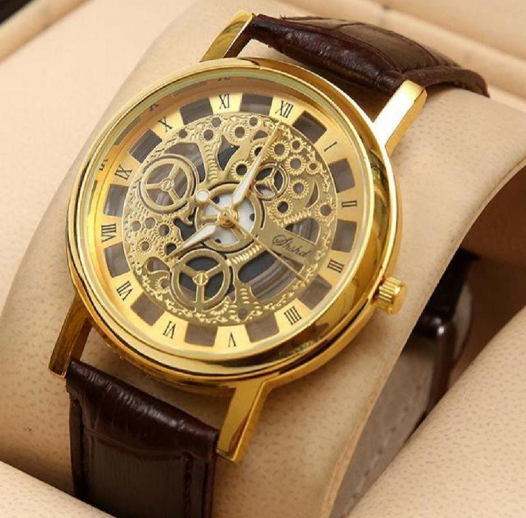 Stylish Leather Watch with Gold-Tone Stainless Dial & Brown Strap Without Box