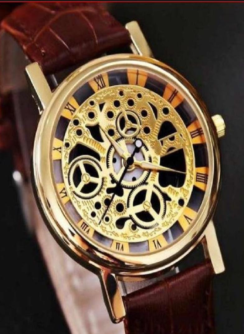Stylish Leather Watch with Gold-Tone Stainless Dial & Brown Strap Without Box