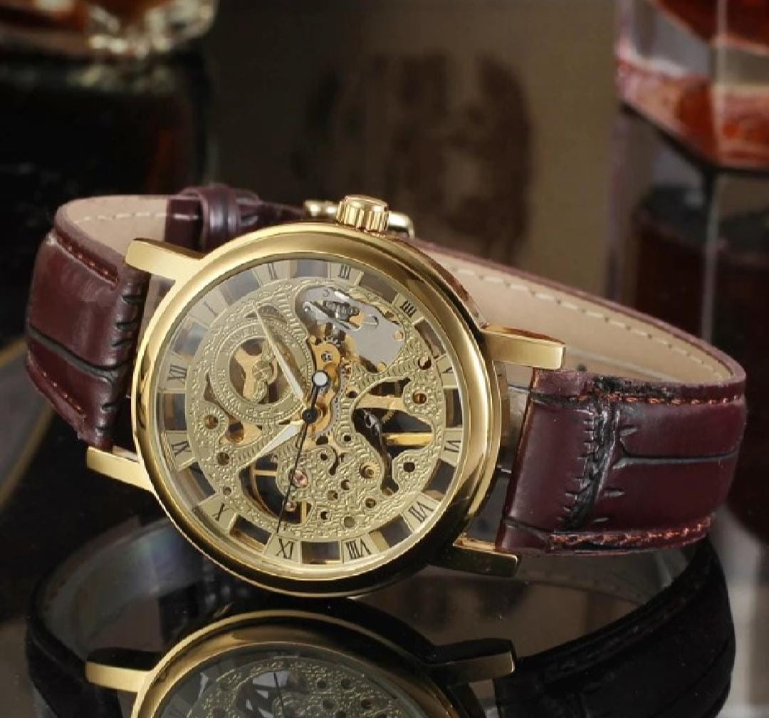 Stylish Leather Watch with Gold-Tone Stainless Dial & Brown Strap Without Box