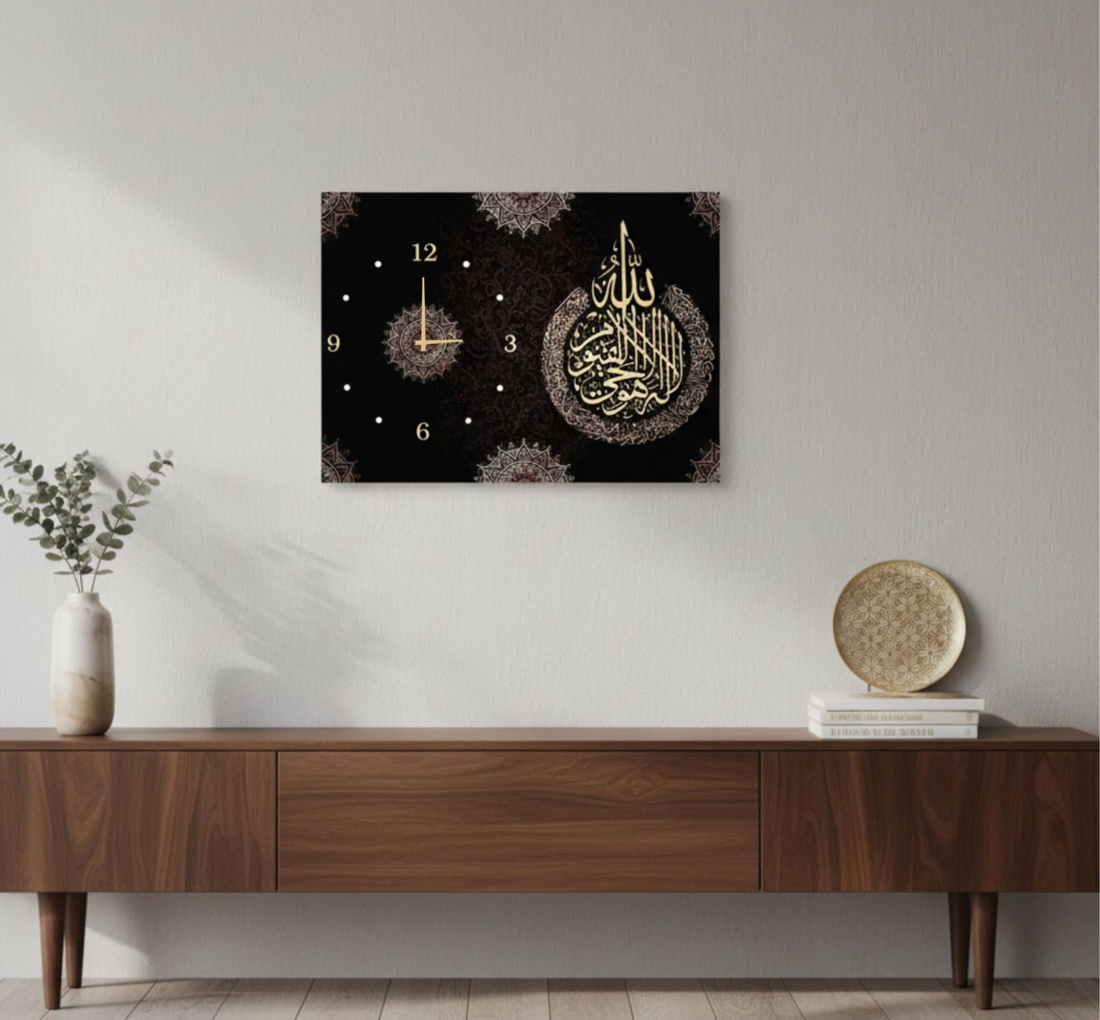 Handcrafted Wooden Wall Clock – Digital Printed Islamic Art | 12x16" | Hook for Hanging | Elegant Geometric & Calligraphic Design