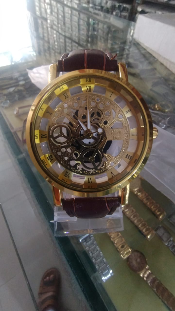 Stylish Leather Watch with Gold-Tone Stainless Dial & Brown Strap Without Box
